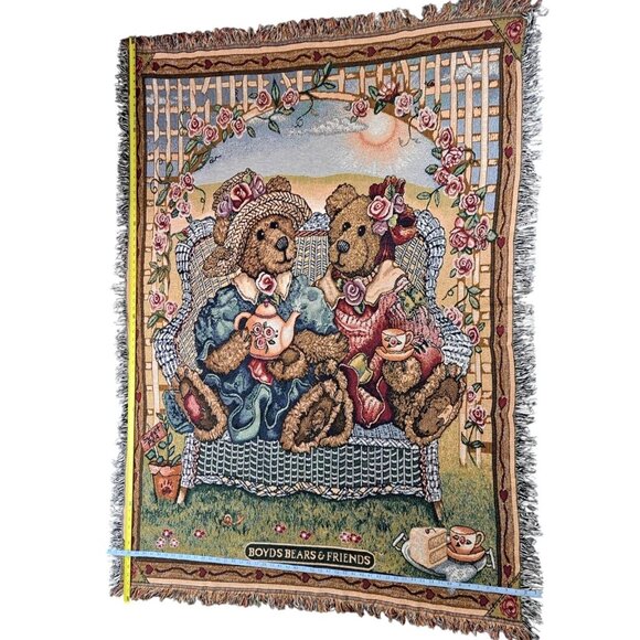 Vintage Boyds Bears & Friends Woven Tapestry Throw Blanket Garden Tea Party MWW - Picture 8 of 10
